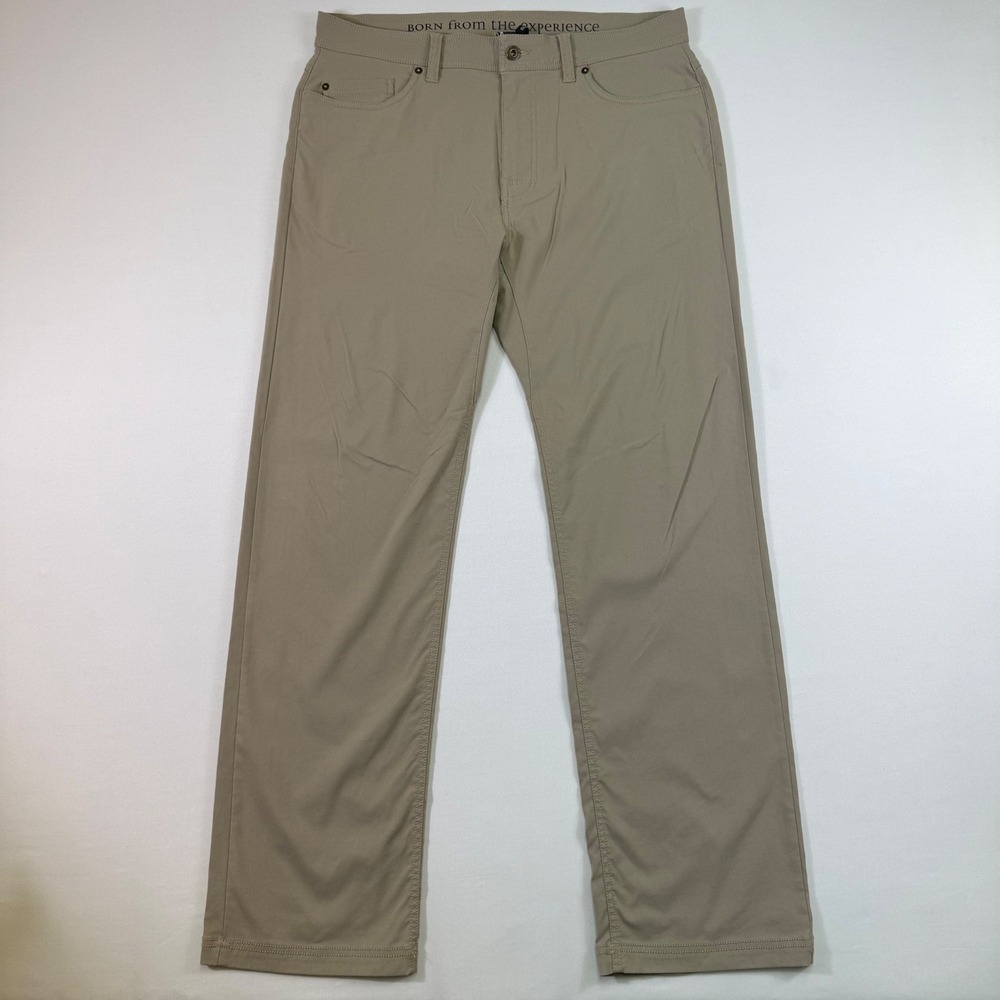 Prana Brion Pants Mens 36x33 Khaki Taupe Slim Fit Stretch Hiking Travel Outdoors